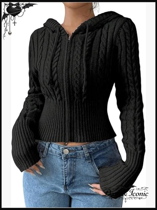 Sweaters - Crop Cardigan Sweater Cable Knit Zip Up Hoodie Long Sleeve Medium